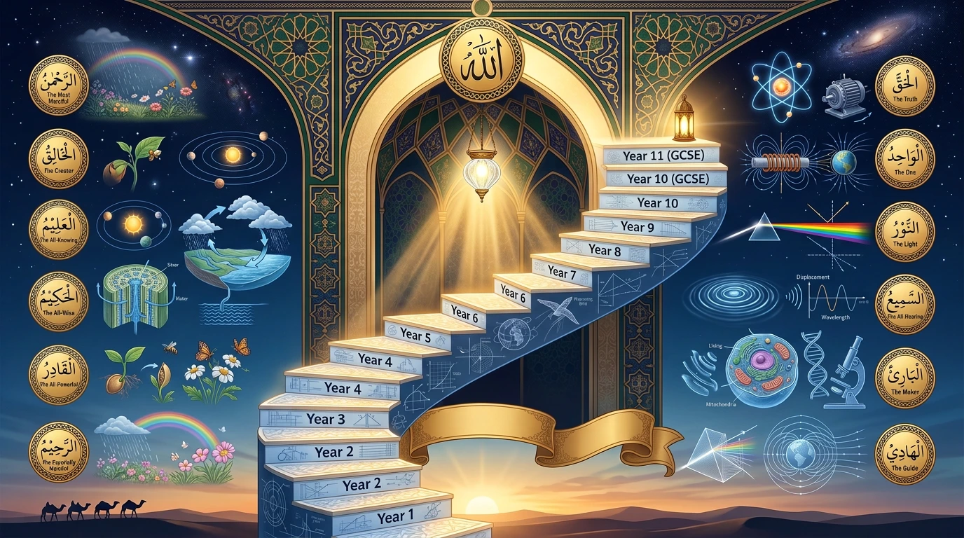 Elevate UK concept illustration connecting scientific study, Islamic reflection and progression through school years